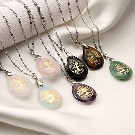 Natural Stone Crystal Pendant Necklace with Tree of Life Design