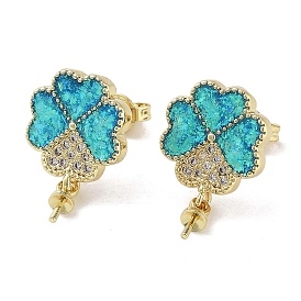 Clover Shape Brass Micro Pave Cubic Zirconia Stud Earrings, with Synthetic Opal, for Half Drilled Beads, Cadmium Free & Lead Free, Long-Lasting Plated