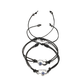 2Pcs 2 Style Resin Evil Eye Link Bracelets Set, Heart Padlock & Safety Pin Brass Adjustable Bracelets