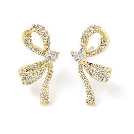 Bowknot Brass Micro Pave Clear Cubic Zirconia Stud Earrings with Glass for Women