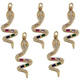 5Pcs Brass Micro Pave Cubic Zirconia Pendants, for DIY Jewelry Making, with Jump Rings, Snake, Colorful