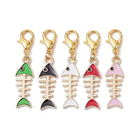 Alloy Enamel Fishbone Pendant Decorations, with Zinc Alloy Lobster Claw Clasps