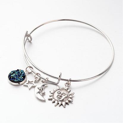 Adjustable Iron Bangles, with Resin Pendants and Alloy Charms, Sun, Moon and Star, 64mm