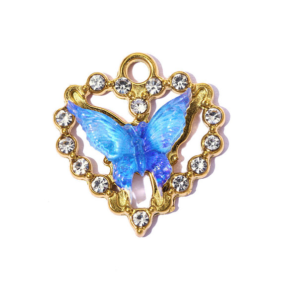 304 из нержавеющей стали горный хрусталь подвески, Сердце из смолы с подвесками в виде бабочек, ионное покрытие (ip), зеркальная полировка, реальный 18 k позолоченный