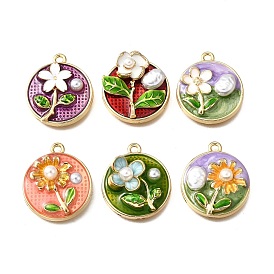 Подвески из эмали и сплава, с ABS имитации жемчуга, плоские круглые с цветком, стойки покрытие, долговечный, без свинца, без кадмии и без никеля, золотые