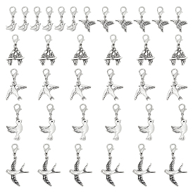 36 Stück 6 Stile Anhänger aus Legierung in Vogelform, mit Karabiner verschlüsse