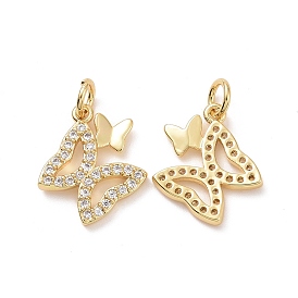 Brass Micro Pave Clear Cubic Zirconia Charms, with Jump Ring, Double Butterfly Charms
