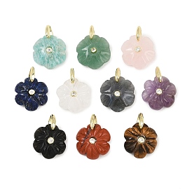 Natural Gemstone Pendants, Flower Charms with Brass Micro Pave Cubic Zirconia Findings, Golden