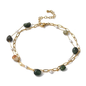 Nuggets Natural Moss Agate & Imitation Pearl Multi-Strand Anklets, Ion Plating(IP) 304 Stainless Steel Paperclip Chain Anklets for Women