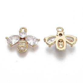 Brass Micro Pave Cubic Zirconia Charms, Nickel Free, Bee, Clear, Real 18K Gold Plated