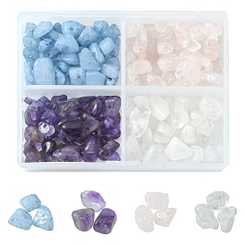 48G 4 Style Natural Gemstone Beads Set, Including Dyed Natural Aquamarine & Amethyst & Rose Quartz & Quartz Crystal Beads, Chip