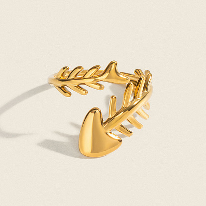 304 Stainless Steel Open Cuff Rings for Women, Fishbone