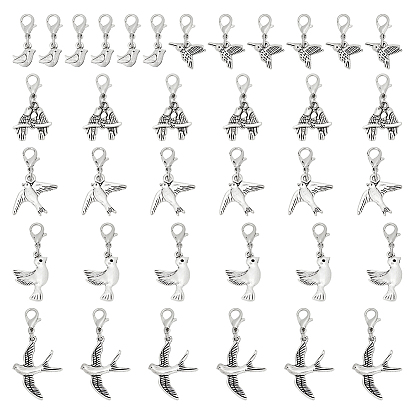 36 Stück 6 Stile Anhänger aus Legierung in Vogelform, mit Karabiner verschlüsse