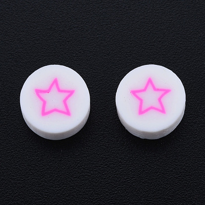 Handmade Polymer Clay Beads, Flat Round with Star