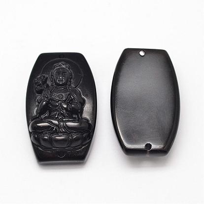 Natural Obsidian Cameo Links Connectors, Buddhist Jewelry, Buddha, 34~36x20~22x9~11mm, Hole: 1.5~2mm