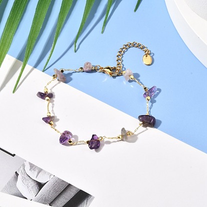 Natural Mixed Gemstone Chip Beaded Bracelet for Girl Women, Brass Cable Chain Bracelet, Golden
