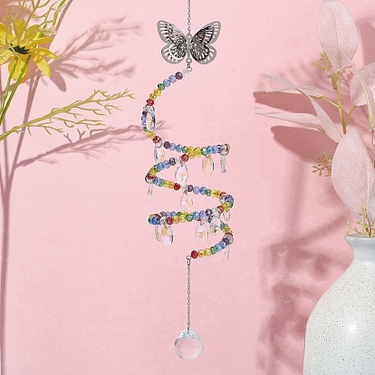 Butterfly Brass & 304 Stainless Steel Hanging Suncatchers, with Glass Pendants and Beads