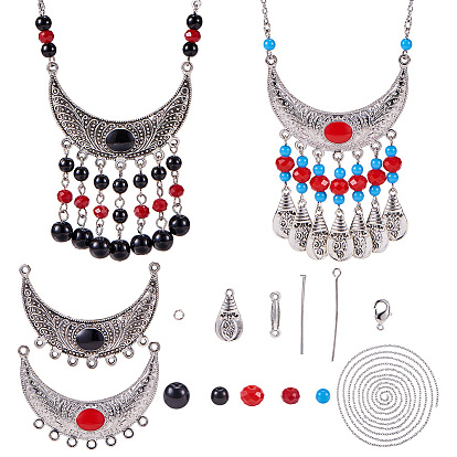 DIY Necklace Making, with Vintage Alloy Enamel Moon Links, Chandelier Components, Glass Beads Strands and Iron Eye Pin