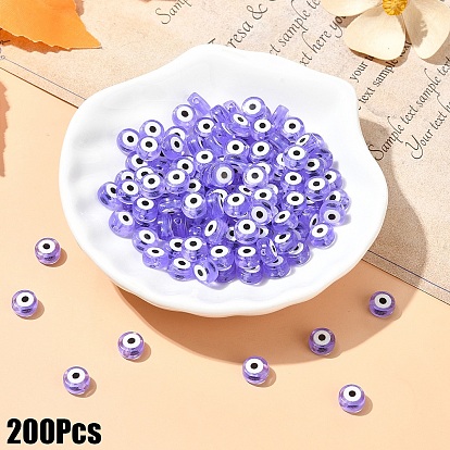200Pcs Transparent Acrylic Beads, Flat Round with Evil Eye Pattern