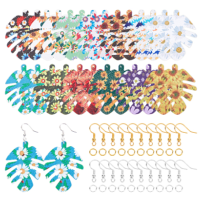 DIY 13 Pairs Double-Sided Printing PU Leather Earring Making Kits, Including 13 Colors Leaf Big Pendants, Brass Earring Hook and Jump Rings