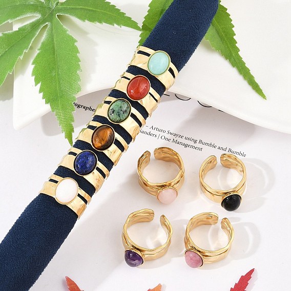 304 открытые манжеты из нержавеющей стали, овальное кольцо с натуральным драгоценным камнем для женщин, реальный 18 k позолоченный, ионное покрытие (ip)