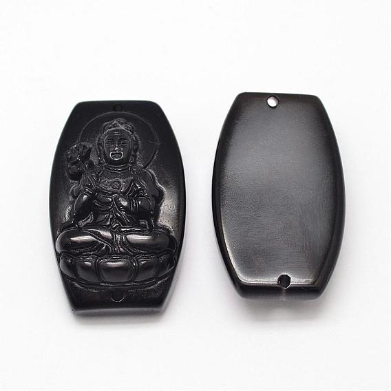 Natural Obsidian Cameo Links Connectors, Buddhist Jewelry, Buddha, 34~36x20~22x9~11mm, Hole: 1.5~2mm