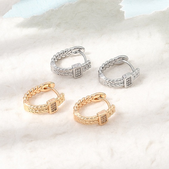 Brass Micro Pave Cubic Zirconia Hoop Earrings, Rectangle