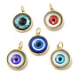 Real 18K Gold Plated Brass Pendants, with Acrylic and Jump Ring, Flat Round with Evil Eye Charms