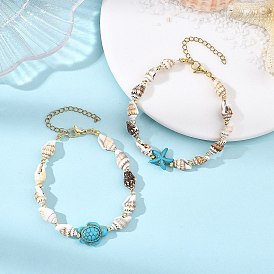 2 Браслеты из натуральных морских ракушек и синтетических бирюзовых бусин для женщин, морская звезда, морская черепаха и форма панциря