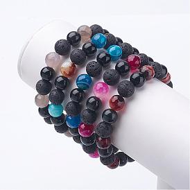 Bracelets agate extensibles naturelles, avec obsidienne et pierre de lave, ronde