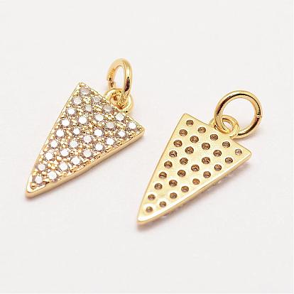 Brass Micro Pave Grade AAA Cubic Zirconia Charms, Long-Lasting Plated, Triangle, Cadmium Free & Nickel Free & Lead Free