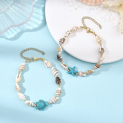 2 Браслеты из натуральных морских ракушек и синтетических бирюзовых бусин для женщин, морская звезда, морская черепаха и форма панциря