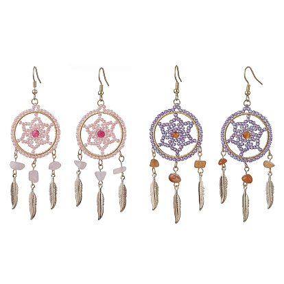304 Stainless Steel with Glass with Natural Agate   with Aventurine Dangle Stud Earring, Feather