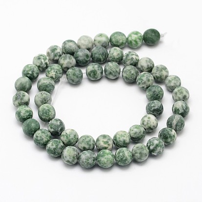 Natural Green Spot Jasper Round Bead Strands, Frosted, Round
