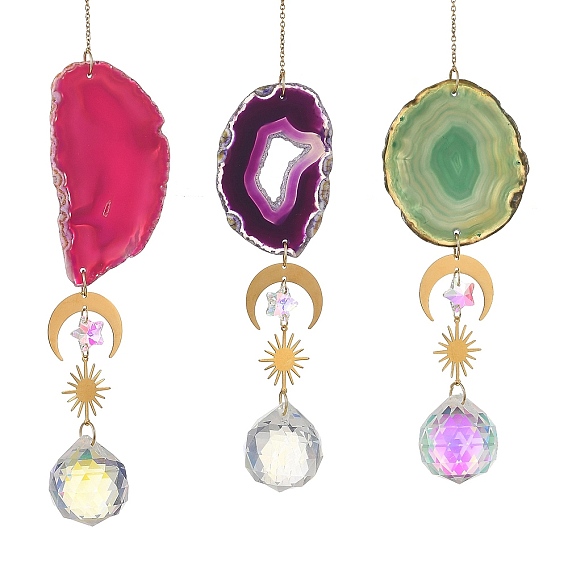 Natural Agate Slices & Glass Suncatcher, Crystal Prism Moon Sun Wind Chime Hanging, with Brass & 201 Stainless Steel Charm & 304 Stainless Steel Cable Chains