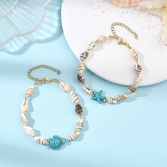 2 Браслеты из натуральных морских ракушек и синтетических бирюзовых бусин для женщин, морская звезда, морская черепаха и форма панциря