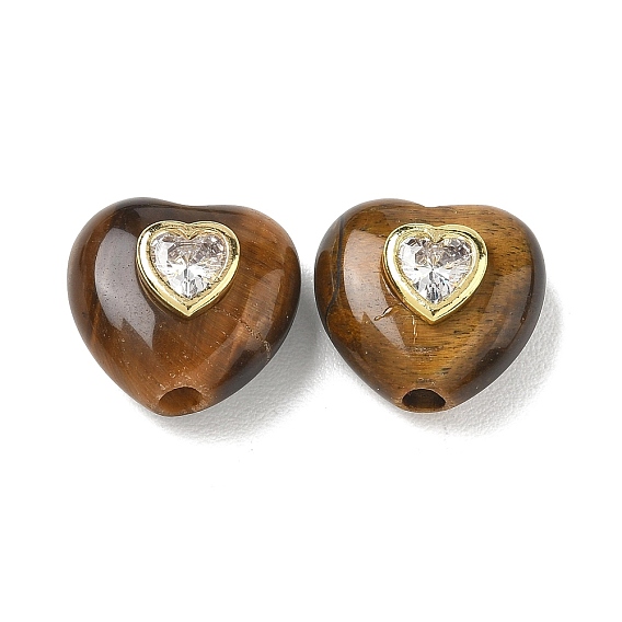 Natural Tiger Eye Beads, Heart, with Brass Micro Pave Clar Cubic Zirconia Findings, Golden