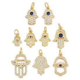 Brass Micro Pave Cubic Zirconia Pendants, Hamsa Hand Charms, Rack Plating, Long-Lasting Plated, Cadmium Free & Lead Free, Real 18K Gold Plated