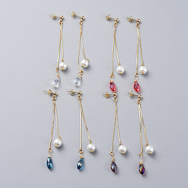 Long Chain Earrings, Brass Dangle Stud Earrings, with Glass Beads and Earring Backs, Golden
