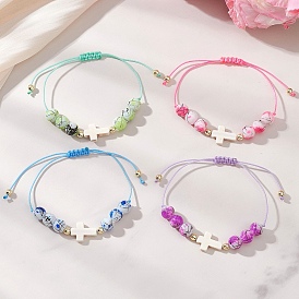 Регулируемые браслеты из плетеного бисера со стеклянными и синтетическими бирюзовыми бусинами, а также немагнитными гематитовыми бусинами для женщин., круглый и крест