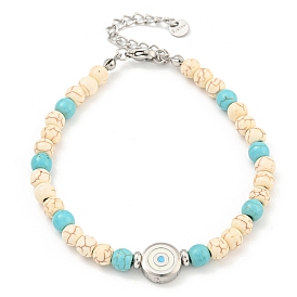 Evil Eye 304 Stainless Steel & Two Tone Synthetic Turquoise Round Beaded Bracelets for Women