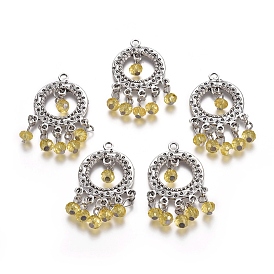 Alloy Pendants, with Faceted Glass Rondelle Beads, Ring, Antique Silver