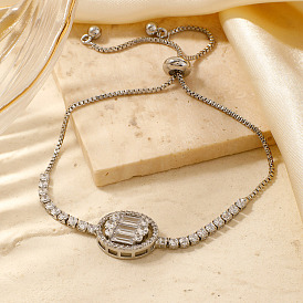 Chic Adjustable Brass Rhinestone Oval Link Bracelets, Slider Bracelets for Women