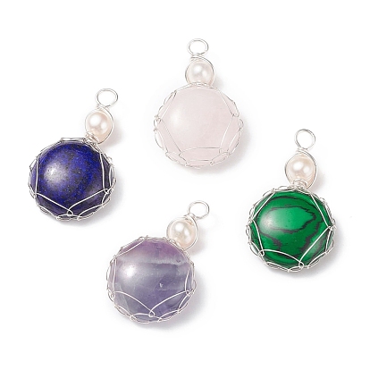 Natural & Synthetic Gemstone Pendants, with Silver Tone Copper Wire and Natural Cultured Freshwater Pearl, Flat Round Charm, Mixed Dyed and Undyed