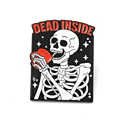 Skeleton with Cup Halloween Enamel Pin, Word Dead Inside Alloy Badge for Backpack Clothes, Electrophoresis Black