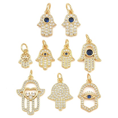 Brass Micro Pave Cubic Zirconia Pendants, Hamsa Hand Charms, Rack Plating, Long-Lasting Plated, Cadmium Free & Lead Free, Real 18K Gold Plated