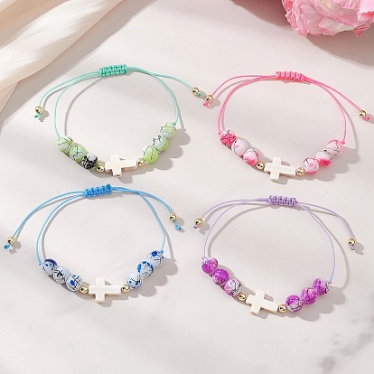 Регулируемые браслеты из плетеного бисера со стеклянными и синтетическими бирюзовыми бусинами, а также немагнитными гематитовыми бусинами для женщин., круглый и крест