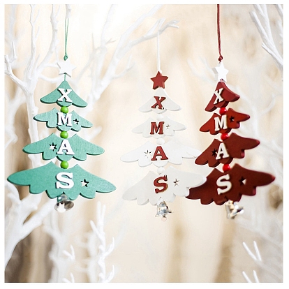 Christmas Tree with Word XMAS Creative Wooden Bell Door Hanging Decorations, for Christmas Decorations