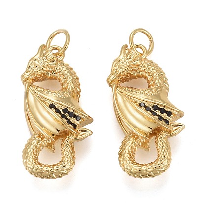 Brass Micro Pave Black Cubic Zirconia Pendants, with Jump Rings, Long-Lasting Plated, Dragon Shape