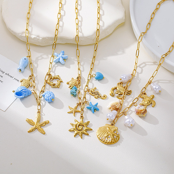 Summer Beach 304 Stainless Steel & Resin & Imitation Pearl & Porcelain Multi Pendant Bib Necklaces, Golden